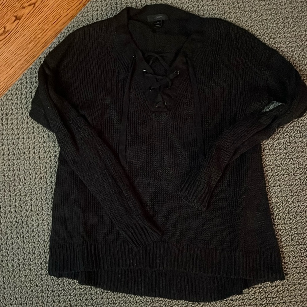 J Crew Sweater Loose Linen Knit Sweater XS v neck string black